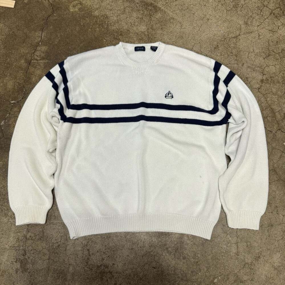 IZOD Sweater Logo Shield Embroidered Striped Beige Navy Blue White Size Large